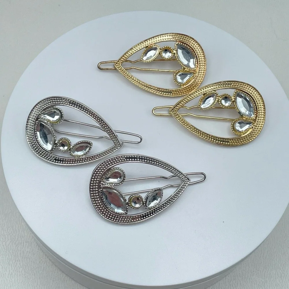 Vintage 80s Teardrop Hair Clips Set Gold & Silver Tone Rhinestone Bobby Pins Y2K